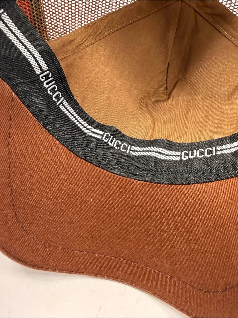 Gucci GG Logo Brown Trucker Cap with Leather Brim